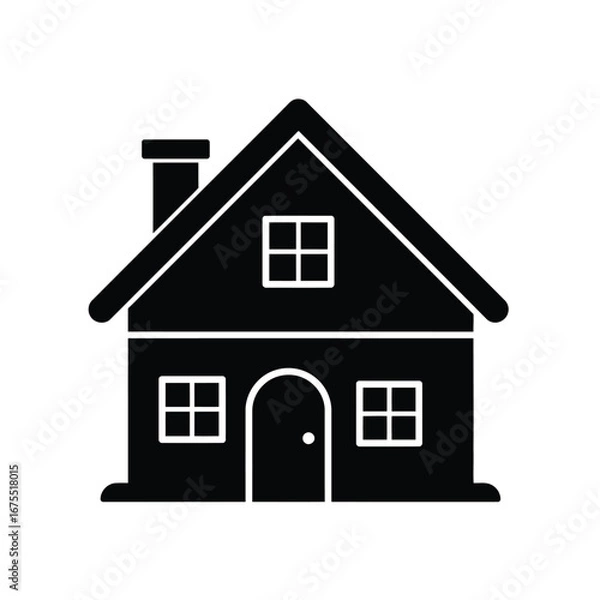 Obraz Simple black silhouette of a cozy two story house with chimney and windows on white background