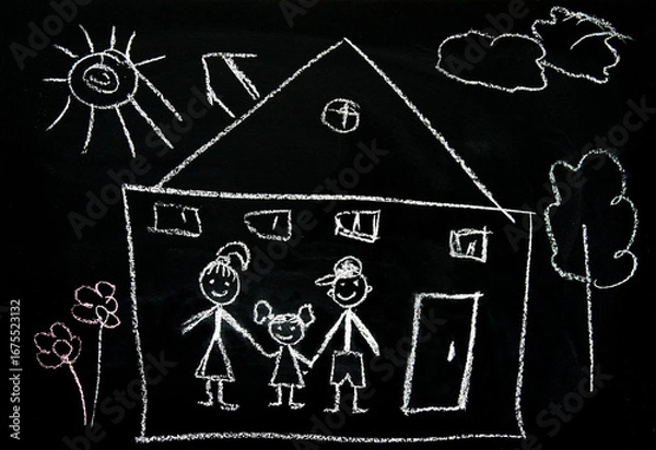 Fototapeta on a blackboard a house family tree and bright sun are drawn with chalk