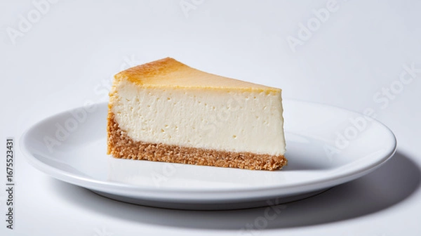 Obraz 白い皿にのった一切れのベイクドチーズケーキのクローズアップ