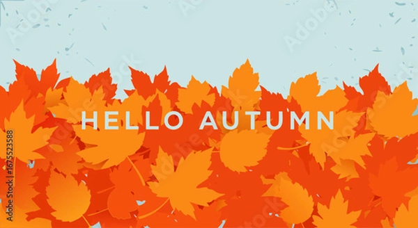 Fototapeta Vibrant orange and red maple leaves forming a beautiful autumn foliage border against a light blue textured background, seasonal vector illustration