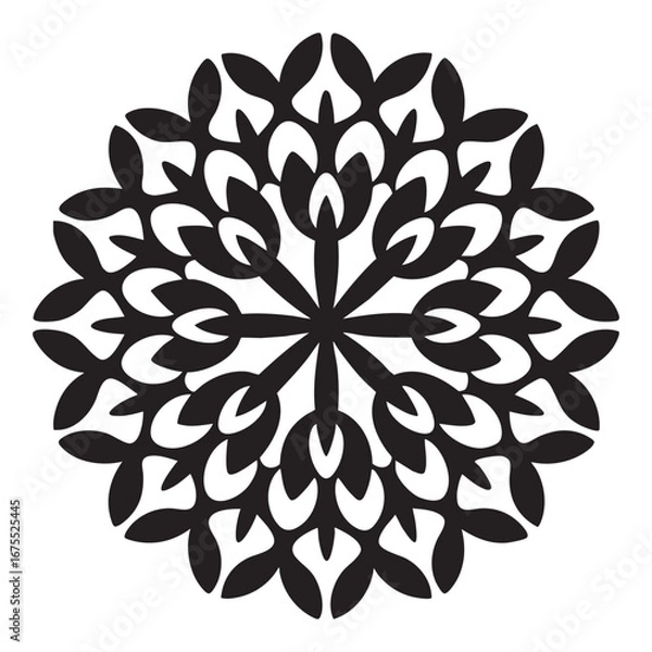 Fototapeta Intricate Mandala Silhouette Overlapping Geometric Floral Elements Dense Black Centered Composition Pure Solid White Background