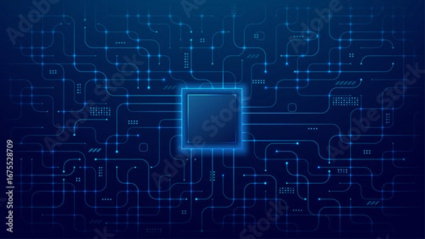 Obraz Empty semiconductor on circuit board blue background. AI chip on tech bg. Abstract processor with light blue wires and electronics components. Digital vector illustration.
