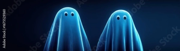 Fototapeta Two translucent blue ghosts with large eyes against a dark background, creating a whimsical, playful atmosphere, Halloween with AI