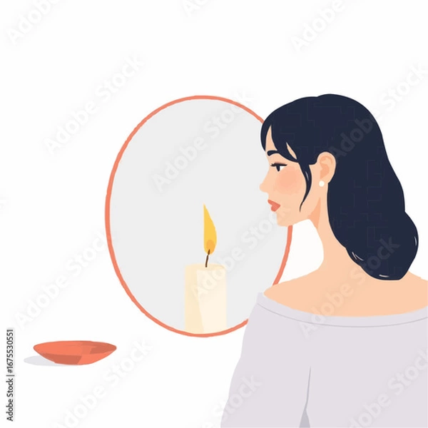 Obraz Young woman looking at reflection in mirror with candle nearby  