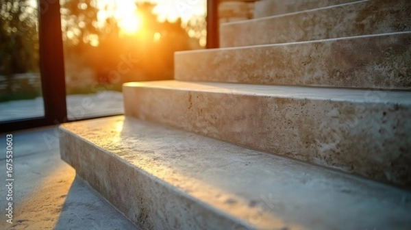 Fototapeta Speckled Gray Stairs Bathed in Golden Sunlight Near Dark Structure and Trees