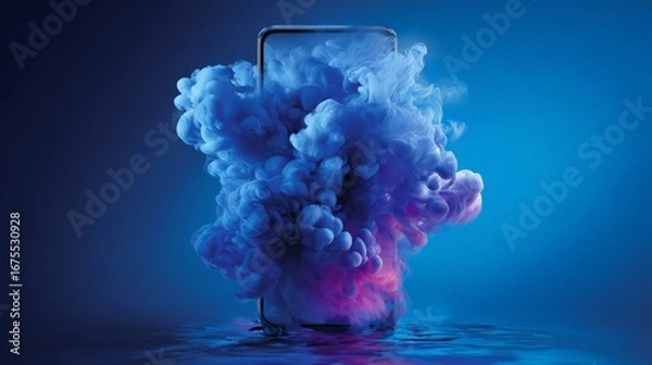 Fototapeta A smartphone surrounded by colorful smoke, symbolizing innovation and creativity.