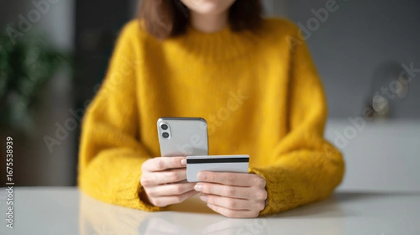 Fototapeta Woman wearing yellow sweater making online payment using smartphone and credit card with focus on hands and device