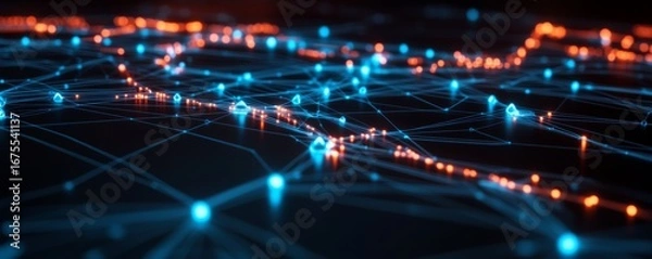 Obraz Connected Blue and Orange Nodes, Digital Network ,Technology, Data