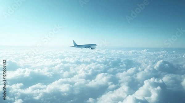 Fototapeta Airplane Soaring Above Fluffy Clouds in a Blue Sky