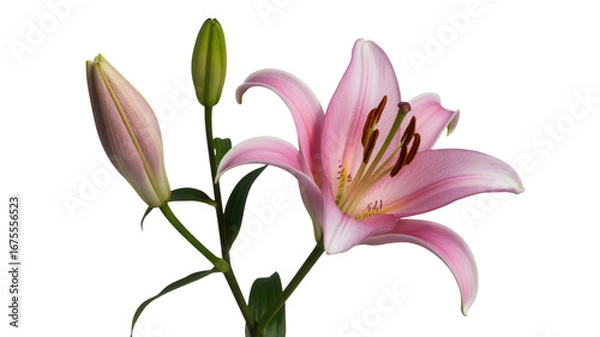 Fototapeta Delicate pink lily flower with buds isolated on transparent background