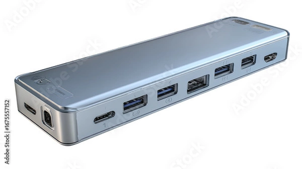Fototapeta Sleek, silver, rectangular device with numerous ports