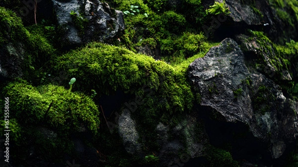 Fototapeta Lush green moss blankets ancient weathered rocks in a dark forest creating a vibrant natural texture and serene woodland atmosphere