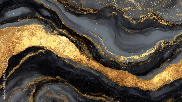 Fototapeta Abstract luxury black and gold marble texture with swirling patterns and glittering metallic accents creating a sophisticated and elegant background