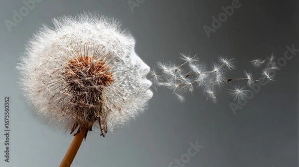 Fototapeta Abstract Dandelion Human Head Dissolving - Conceptual Image of Memory, Loss, and a Fragile Mind