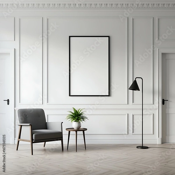 Obraz Elegant living room interior with modern armchair picture frame and plant creating a minimalist and stylish home decor setup