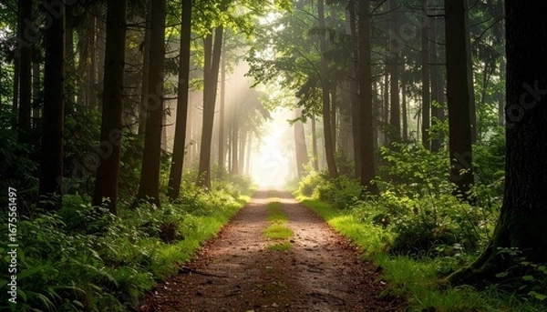 Fototapeta Forest Trail with Sunlight Rays