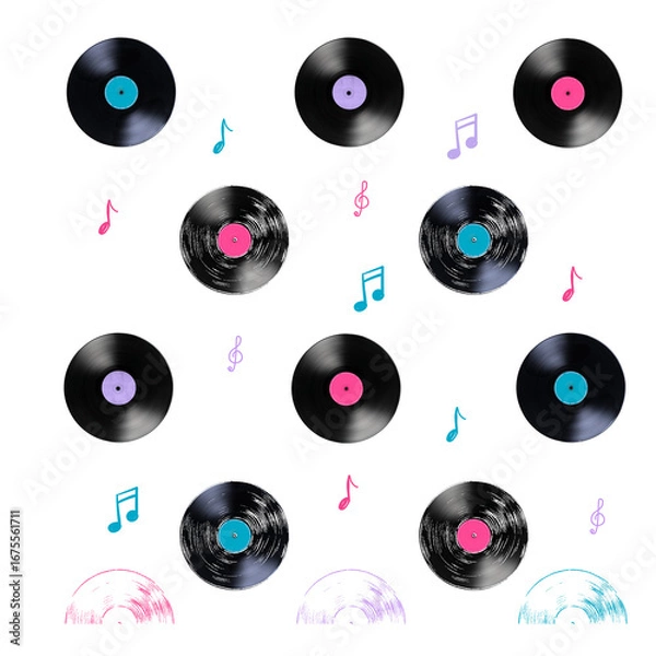 Fototapeta vinyl record and music notes pattern 