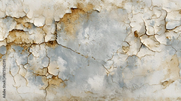 Fototapeta Close up of a weathered and peeling painted concrete wall revealing layers of texture and color with visible cracks and imperfections