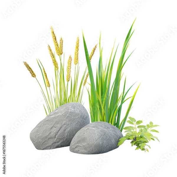 Obraz Natural Arrangement with Rocks Grasses and Green Plant on Black Background
