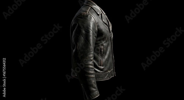 Fototapeta Worn Leather Biker Jacket: Side View, Detailed Texture, Dark Background, Studio Lighting