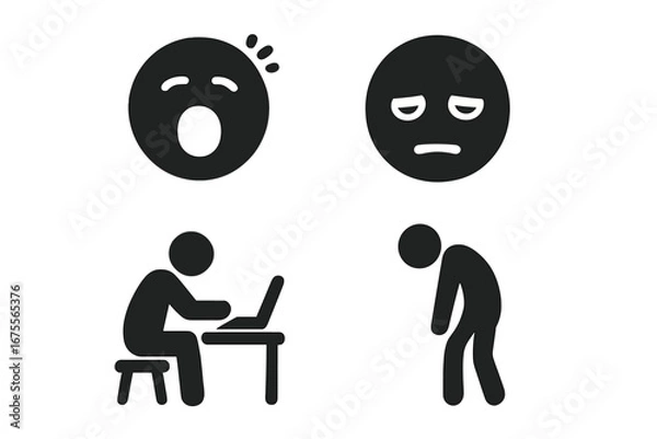 Fototapeta Tiredness and fatigue icon set. Symptoms of burnout, overwork, and exhaustion. Yawning emoji, droopy eyes, sleepy face, and slouching worker pictogram vector symbols.