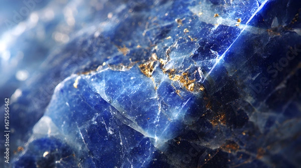 Fototapeta Close up macro view of a deep blue gemstone with intricate crystalline structures and golden mineral inclusions sparkling under light