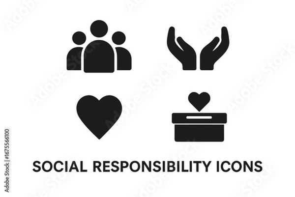Fototapeta Social responsibility solid icon set. Vector glyph pictograms. Community, charity, donation, and volunteering concepts. Helping hands, group of people, heart, and fund box.