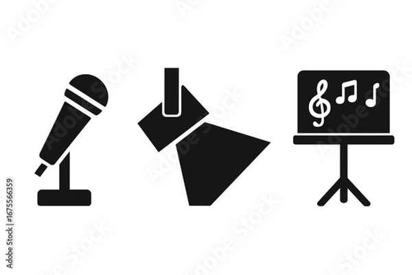Fototapeta Singing performance solid icon set. Music concert stage elements. Vector microphone, spotlight, and music stand with notes. Live show, karaoke, voice recording, entertainment.
