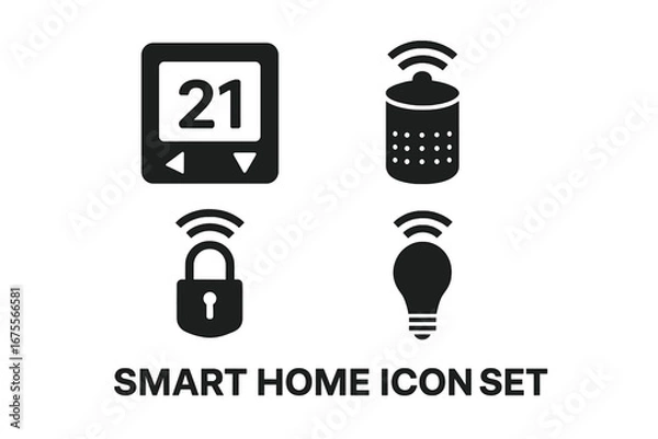 Fototapeta Smart home icon set. Solid filled glyph icons for house automation system. Vector illustration of smart devices like thermostat, speaker, lock, and light. IoT concept symbol.