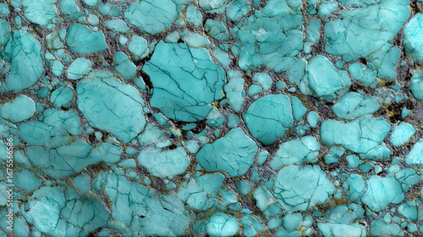 Fototapeta Close up macro view of a textured turquoise stone with intricate natural patterns and veins creating a vibrant blue green abstract background