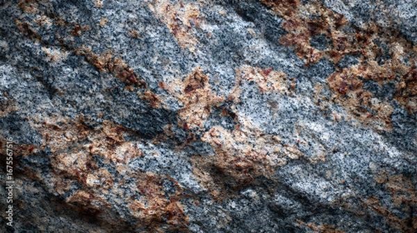 Fototapeta Close up textured abstract background of weathered granite rock with a mottled pattern of grey blue and rusty orange mineral grains