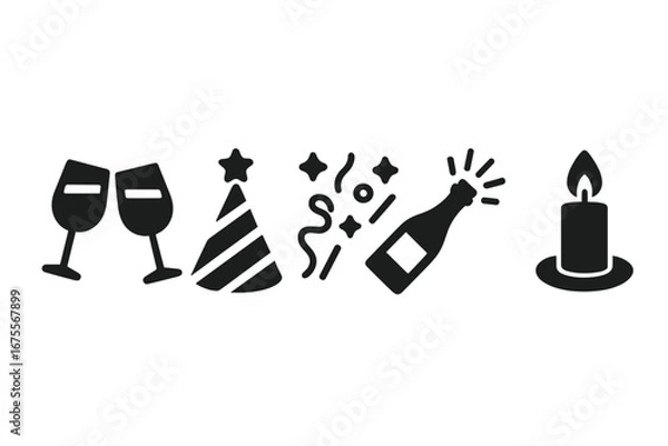 Fototapeta Wine celebration icons set with filled solid style including wine toast, party hat, confetti, popping bottle, and candlelight vector illustration on transparent background