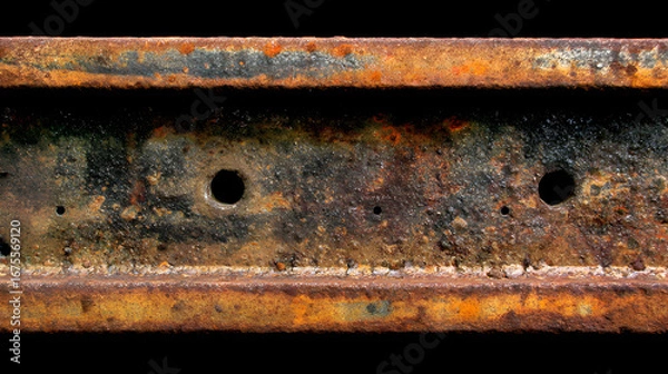 Fototapeta Close up of weathered and corroded metal railway track with visible rust and holes against a dark background