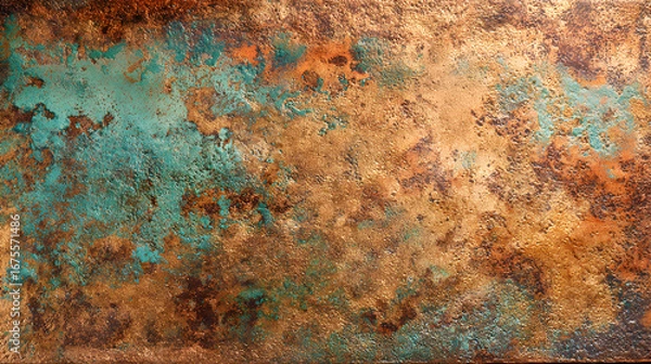 Fototapeta Textured abstract background of weathered oxidized copper with vibrant green patina and rusty brown and orange distressed metal surface