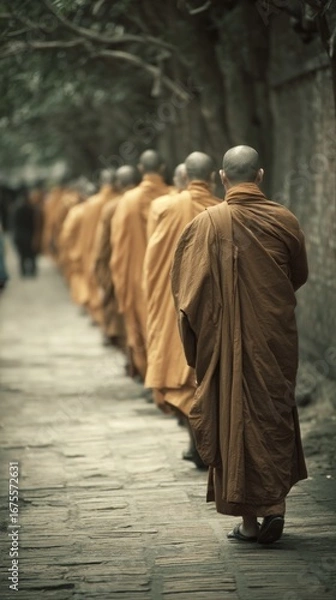 Fototapeta Monks walking in single file along a quiet path
