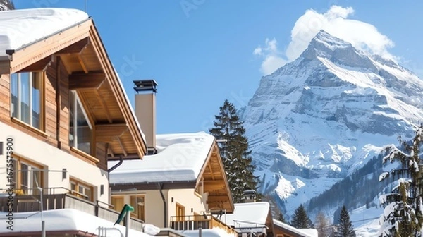 Fototapeta Alpine cabins with snow-covered mountains.