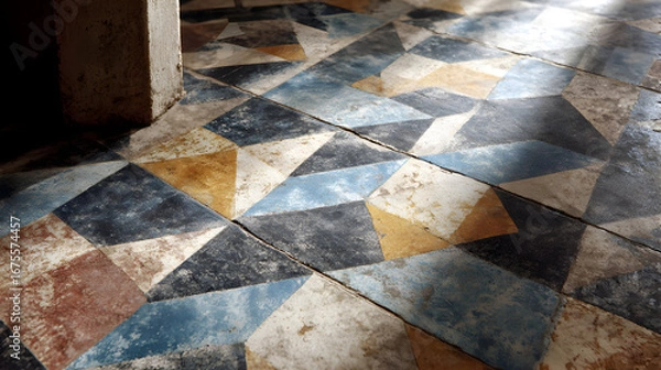 Fototapeta Geometric patterned floor with sunlight casting shadows creating a unique abstract design with natural light and texture