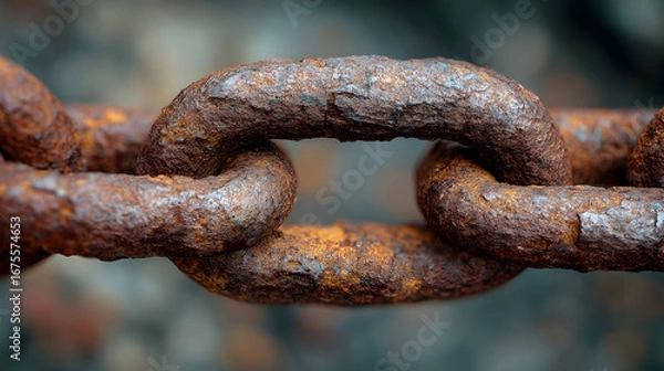 Fototapeta Close up macro shot of a thick weathered and heavily rusted metal chain with a blurred background suggesting age and strength