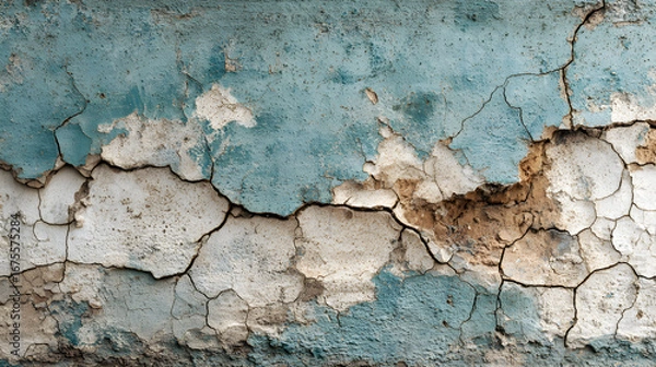 Fototapeta Close up of a weathered and cracked old wall with peeling paint revealing layers of texture and color showing signs of age and decay