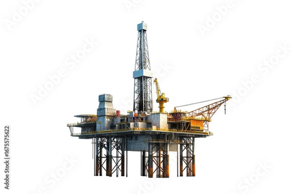 Fototapeta Offshore drilling platform standing isolated against a white background showcasing modern industrial engineering