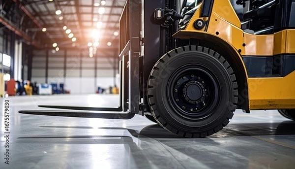 Obraz Industrial forklift truck parked in a modern warehouse with bright backlighting, representing logistics and supply chain concepts