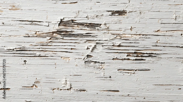 Fototapeta Close up textured background of weathered peeling white paint on aged distressed wooden planks showing natural grain and imperfections