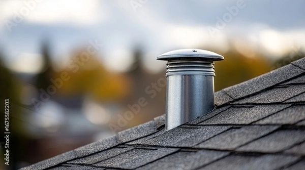 Fototapeta A close-up view of a metallic chimney cap on a shingled roof, set against a blurred autumn sky.