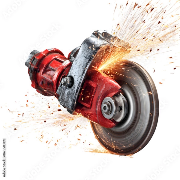 Fototapeta Close up of a red angle grinder with a metal cutting disc creating a shower of bright orange sparks isolated on transparent background
