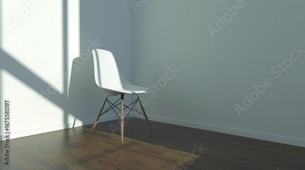 Fototapeta Minimalist Interior Scene with White Modern Chair, Wooden Floor, and Plain White Wall - Clean and Simple Aesthetic