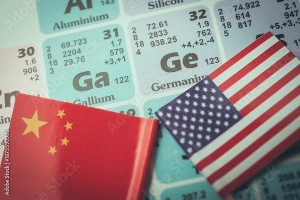Obraz Ge (Germanium) Ga (Gallium) in the periodic table with Chinese and American flag. US vs China chip war or tech war, semiconductor industry concept. China curbs on exports of rare germanium and gallium