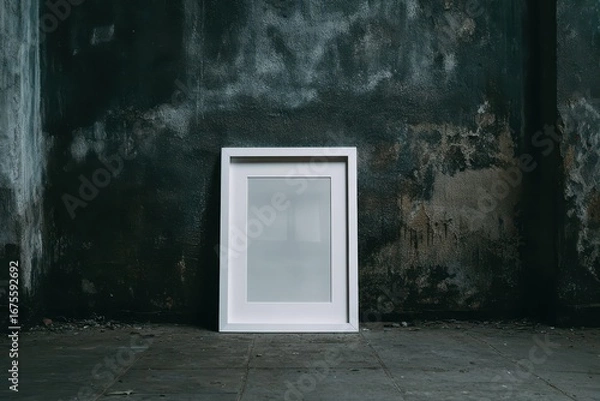 Fototapeta White frame positioned against dark plaster wall with a textured surface offering a minimalist aesthetic in a contemporary setting
