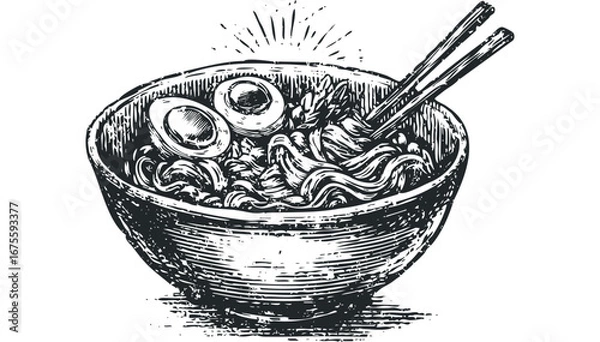Fototapeta Ink Sketch of a Bowl of Ramen Noodles with Chopsticks and Eggs on Transparent Background. Vector hand drawn illustration