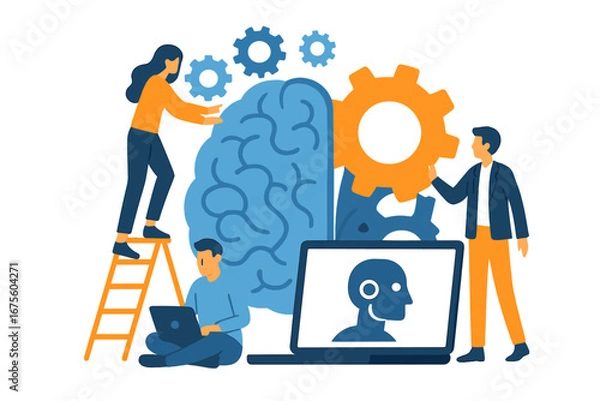 Fototapeta Visual representation of artificial intelligence concepts with human collaboration, gears, brain, and technology development, teamwork in AI innovation, vector cartoon illustration