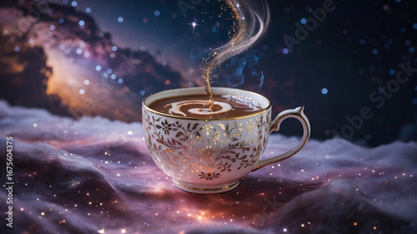 Fototapeta Elegant porcelain chai cup with gold floral details floating in outer space against a vibrant nebula.